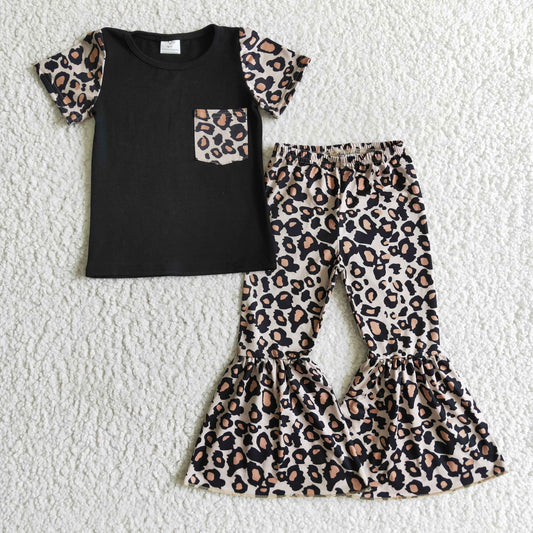 B15-14 girl short sleeve black top  and leopard print bell pants 2pieces set with pocket