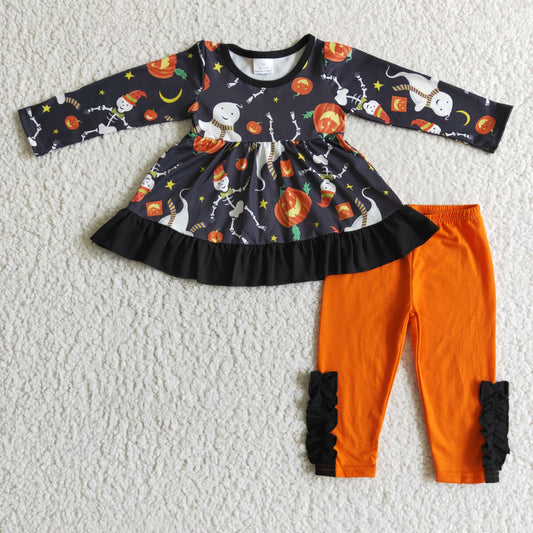 GLP0092 halloween girl black long sleeve tunic and orange pants children pumpkin outfit