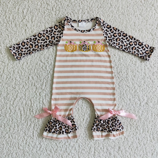 LR0134 baby girls leopard long sleeve romper halloween pumpkin embroidery stripe jumpsuit