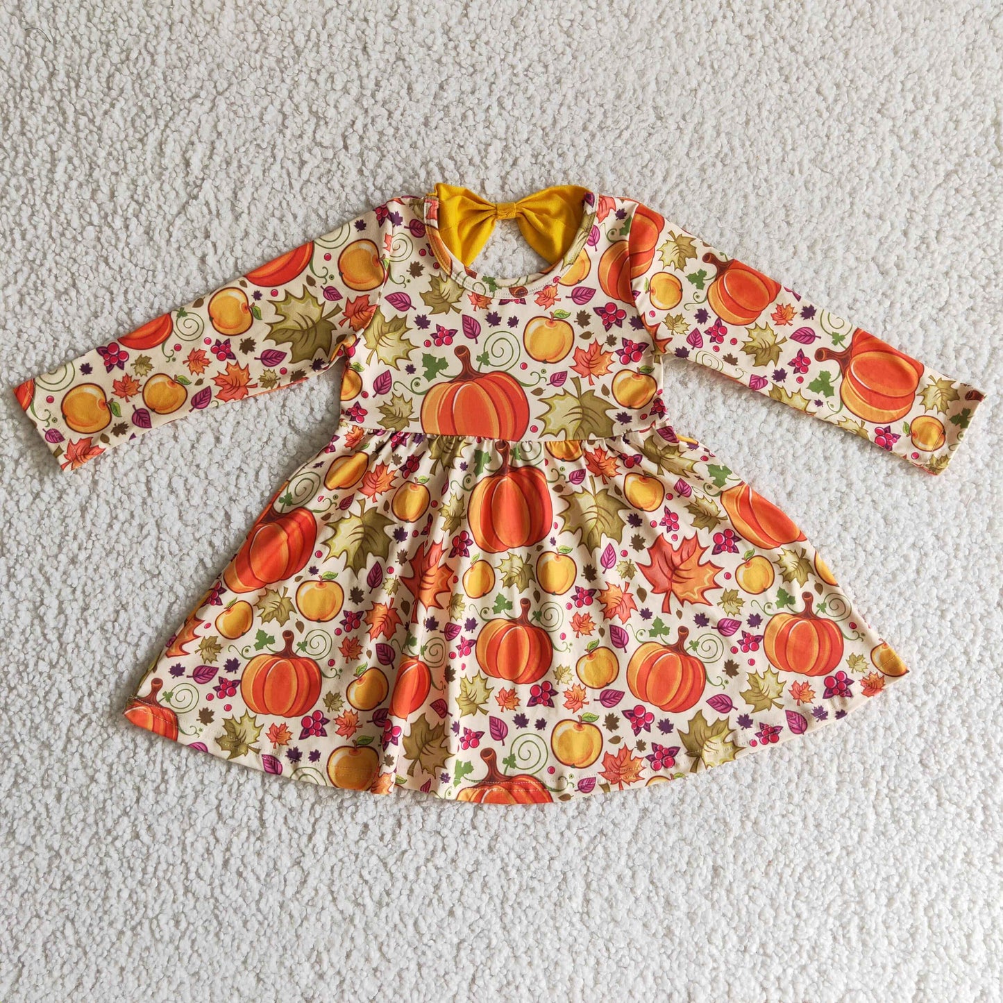 GLD0055 girl fall pumpkin and leaves print long sleeve twirl dress with yellow bow