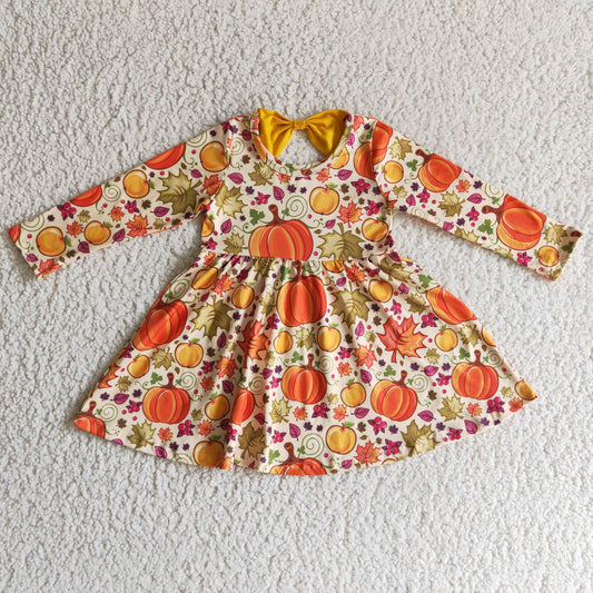 GLD0055 girl fall pumpkin and leaves print long sleeve twirl dress with yellow bow