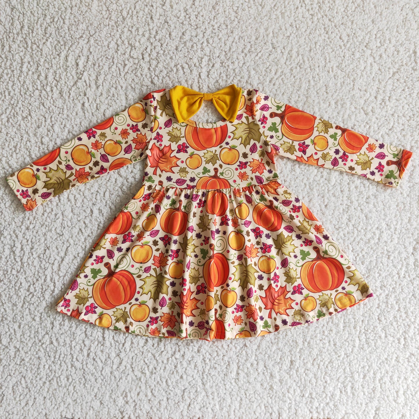 GLD0055 girl fall pumpkin and leaves print long sleeve twirl dress with yellow bow