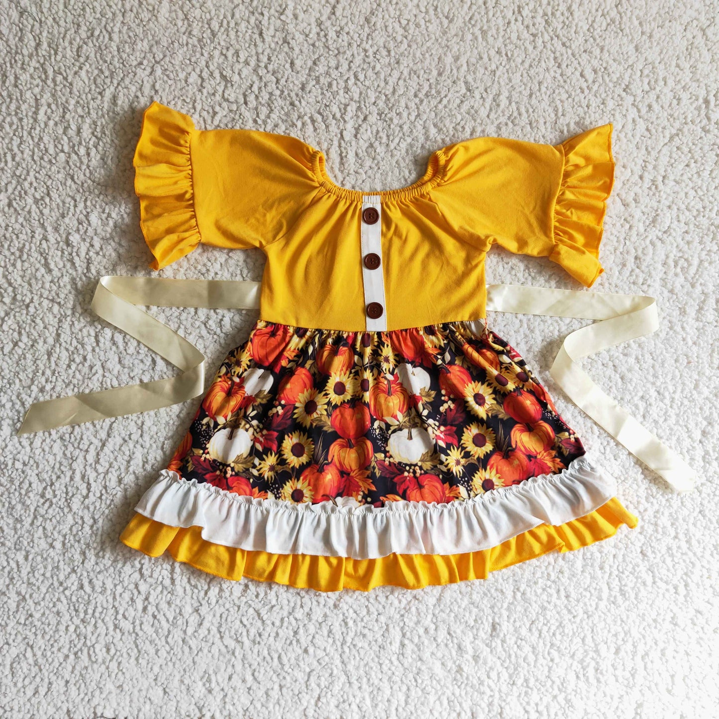 SR0089 girl short sleeve pumpkin and sunflowers pattern stitching frock fall ruffles twirl dress with belt