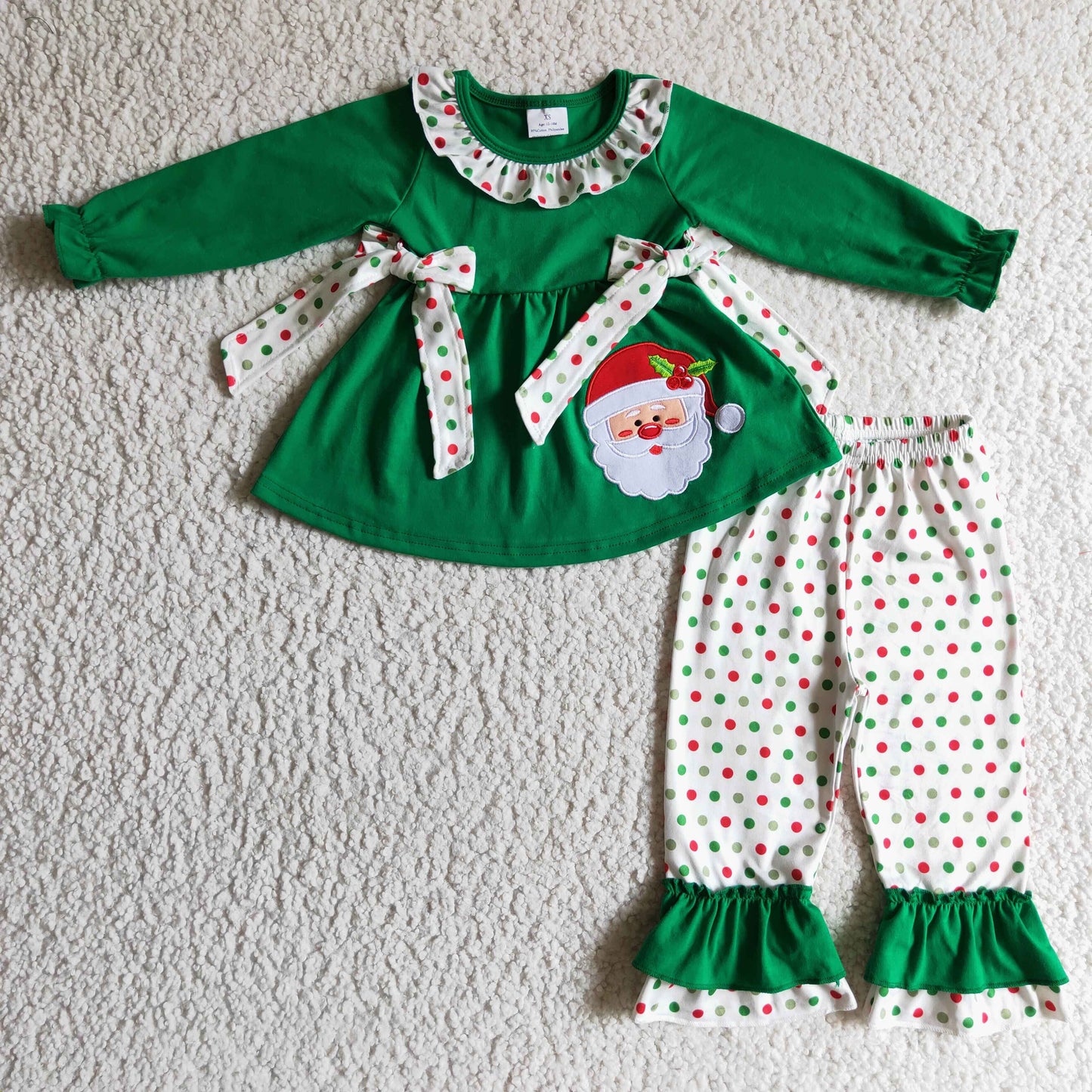 GLP0163 girl green cotton long sleeve top polka dot elastic waist pants 2pieces set christmas santa embroidery outfit