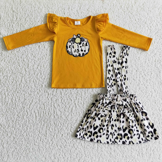 GLD0008 fall yellow long sleeve top with pumpkin embroidery match leopard strap skirt