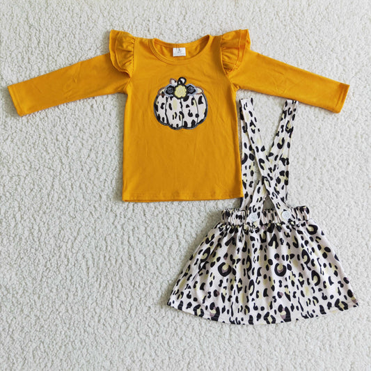GLD0008 fall yellow long sleeve top with pumpkin embroidery match leopard strap skirt