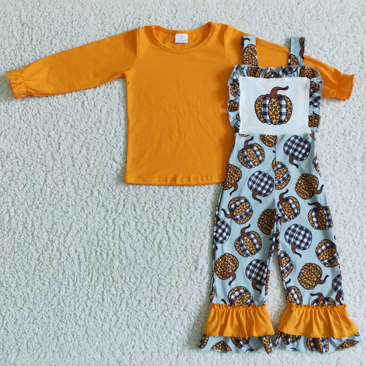 GLP0114 girl orange cotton long sleeve top match pumpkin pattern overalls set