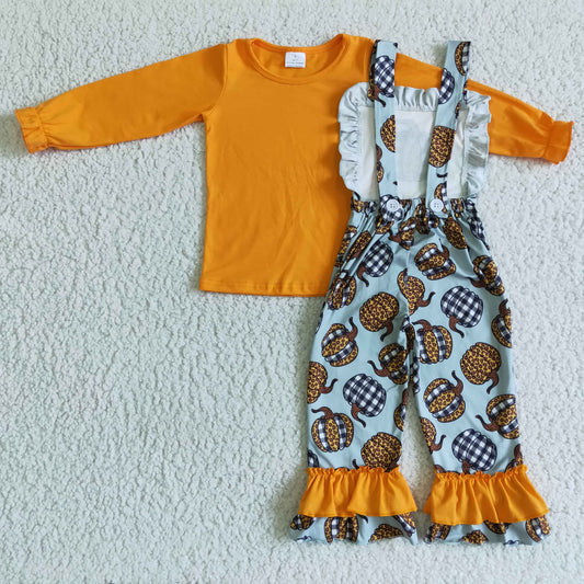 GLP0114 girl orange cotton long sleeve top match pumpkin pattern overalls set