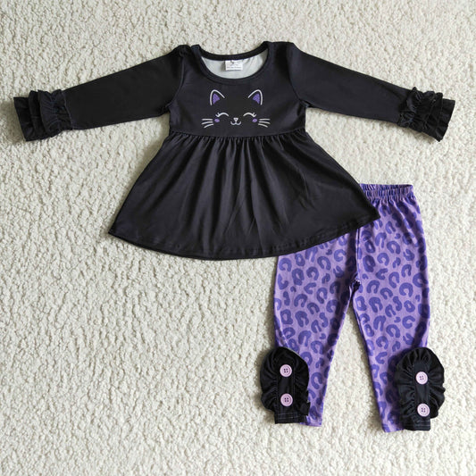 GLP0212 girl black long sleeve tunic top match purple leopard pants 2pieces set