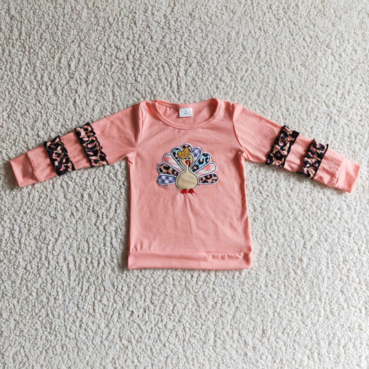 GT0040 girl thanksgiving pink long sleeve top kids turkey embroidery blouses