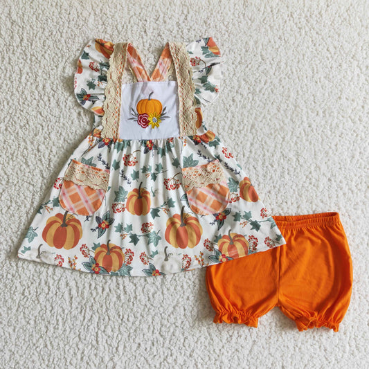 GSSO0125 fall pumpkin and flowers print short sleeve top with lace match orange cotton shorts