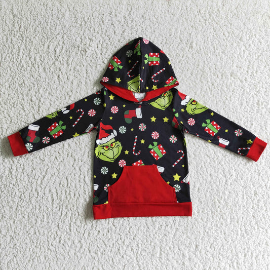 BT0069 boy black long sleeve hooded top kids christmas gift outwear with red pocket