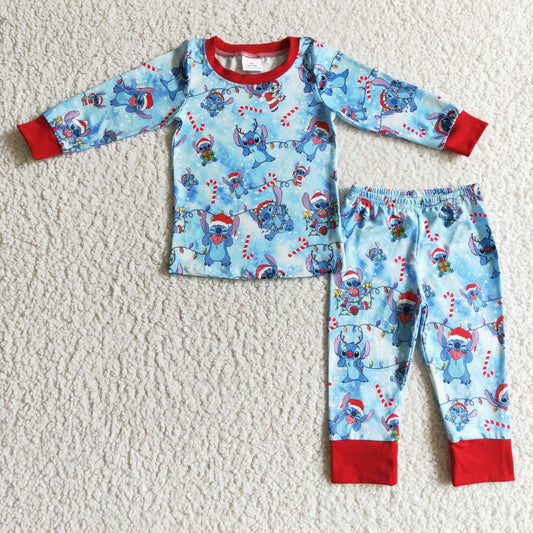 BLP0096 boy christmas blue long sleeve pajamas set with red o-neck