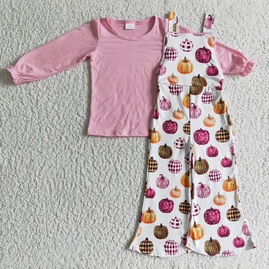 GLP0188 fall girl pink cotton long sleeve top match pumpkin overalls set