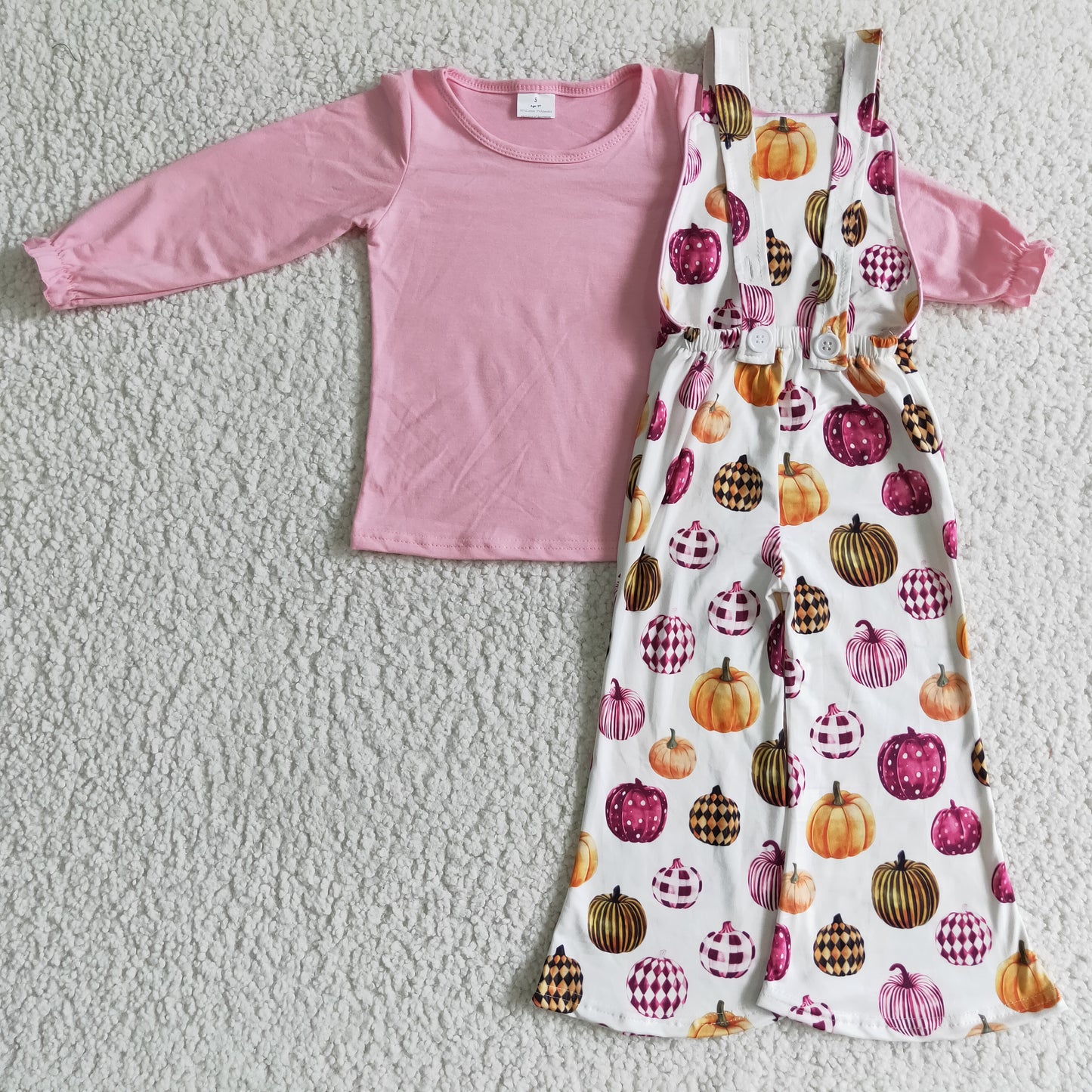 GLP0188 fall girl pink cotton long sleeve top match pumpkin overalls set