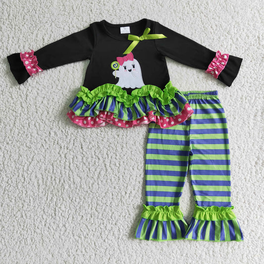 GLP0182 girl black long sleeve embroidery top match stripe ruffle pants 2pieces set for halloween