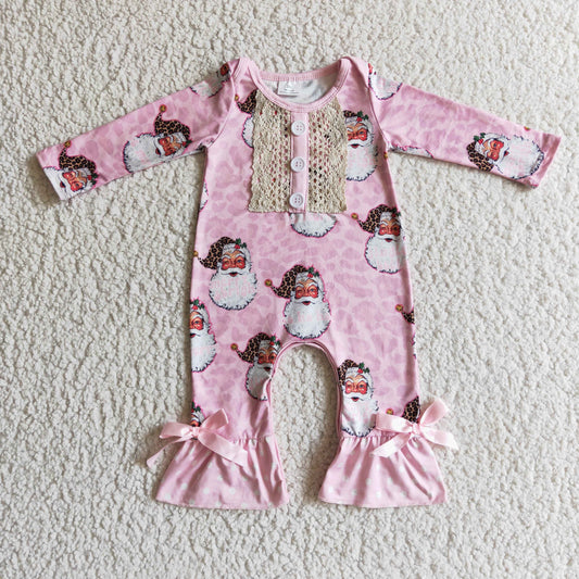 6 A7-5 baby girls pink long sleeve romper with leopard santa christmas infants bow jumpsuit