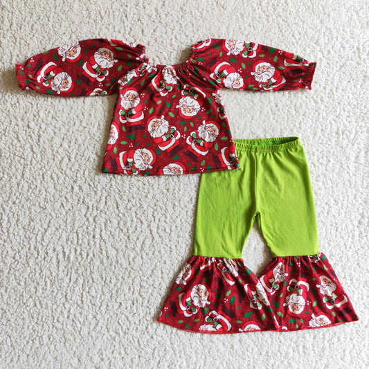 GLP0159 christmas girl red long sleeve santa top match green bell pants