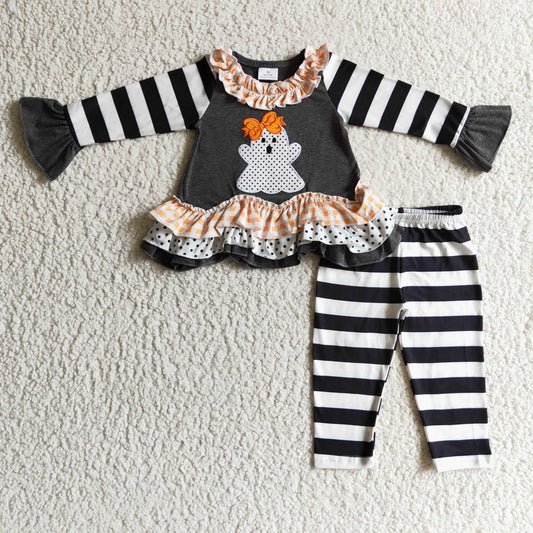 GLP0180 halloween girl ghost embroidery  long sleeve top and black and white stripe pants