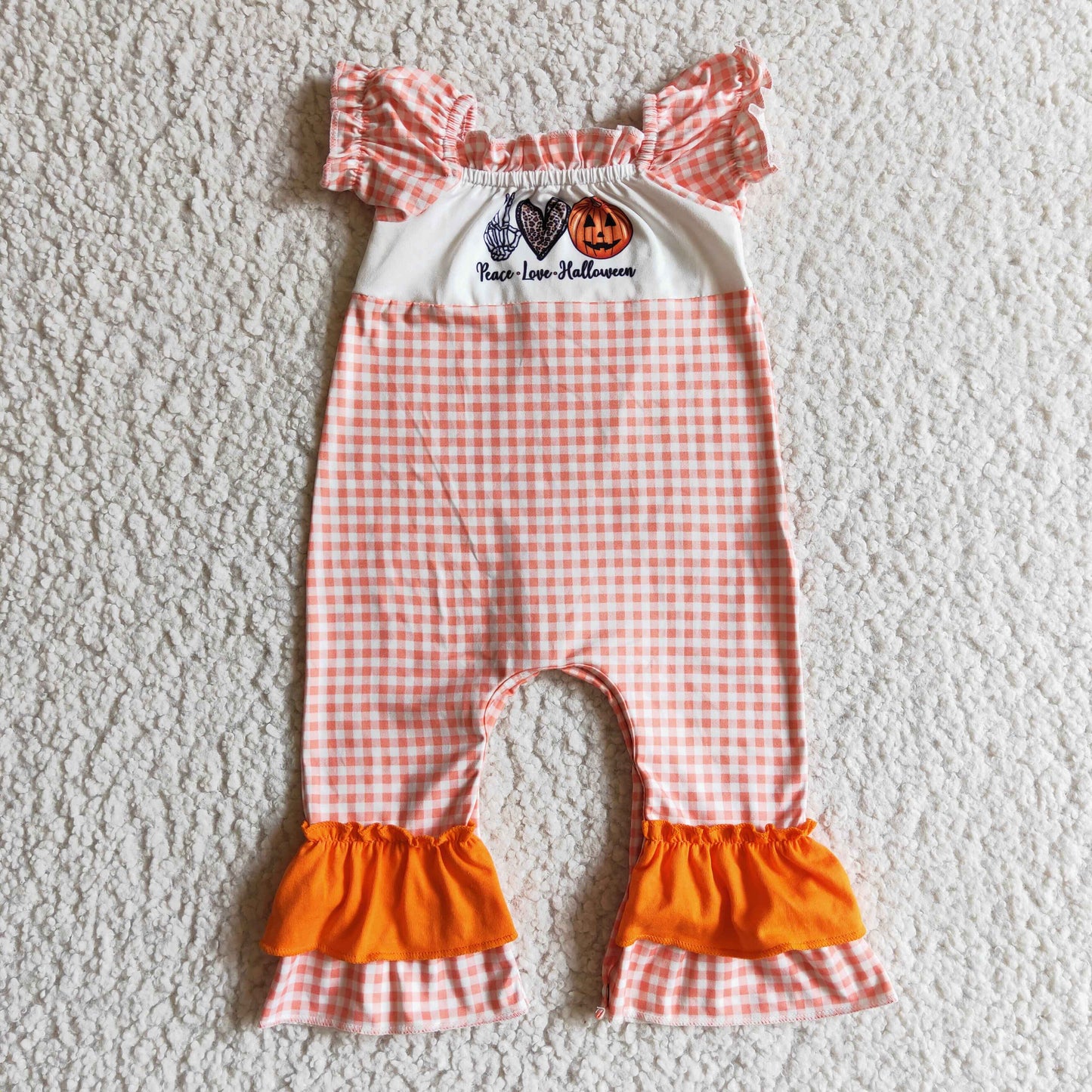 SR0092 infants puff short sleeve plaid romper baby girls peace love and halloween letter jumpsuit