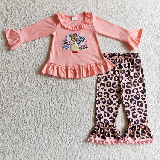 GLP0203 girl long sleeve cooton top with turkey embroidery match leopard pants