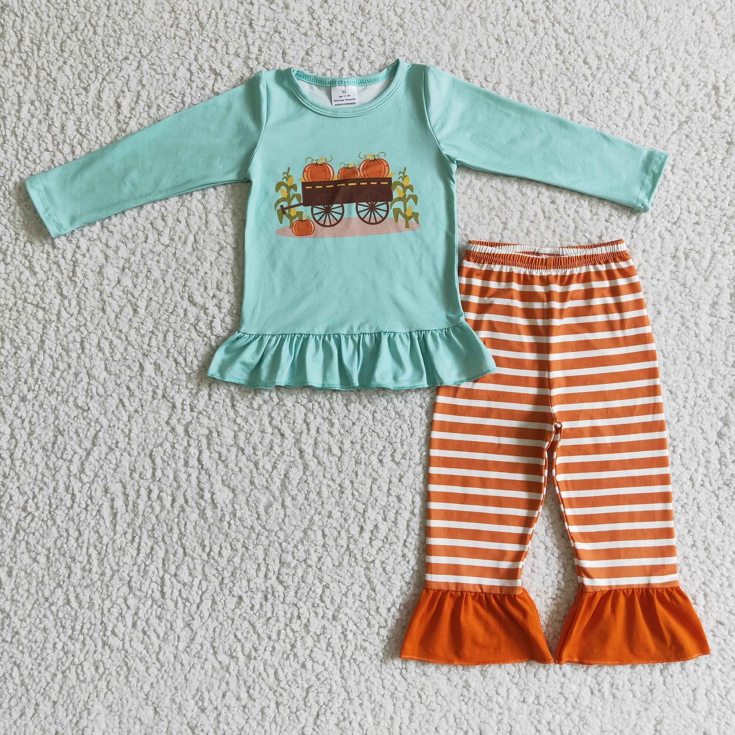 GLP0069 girl fale blue long sleeve pumpkin top match orange and white stripe ruffle pants for fall