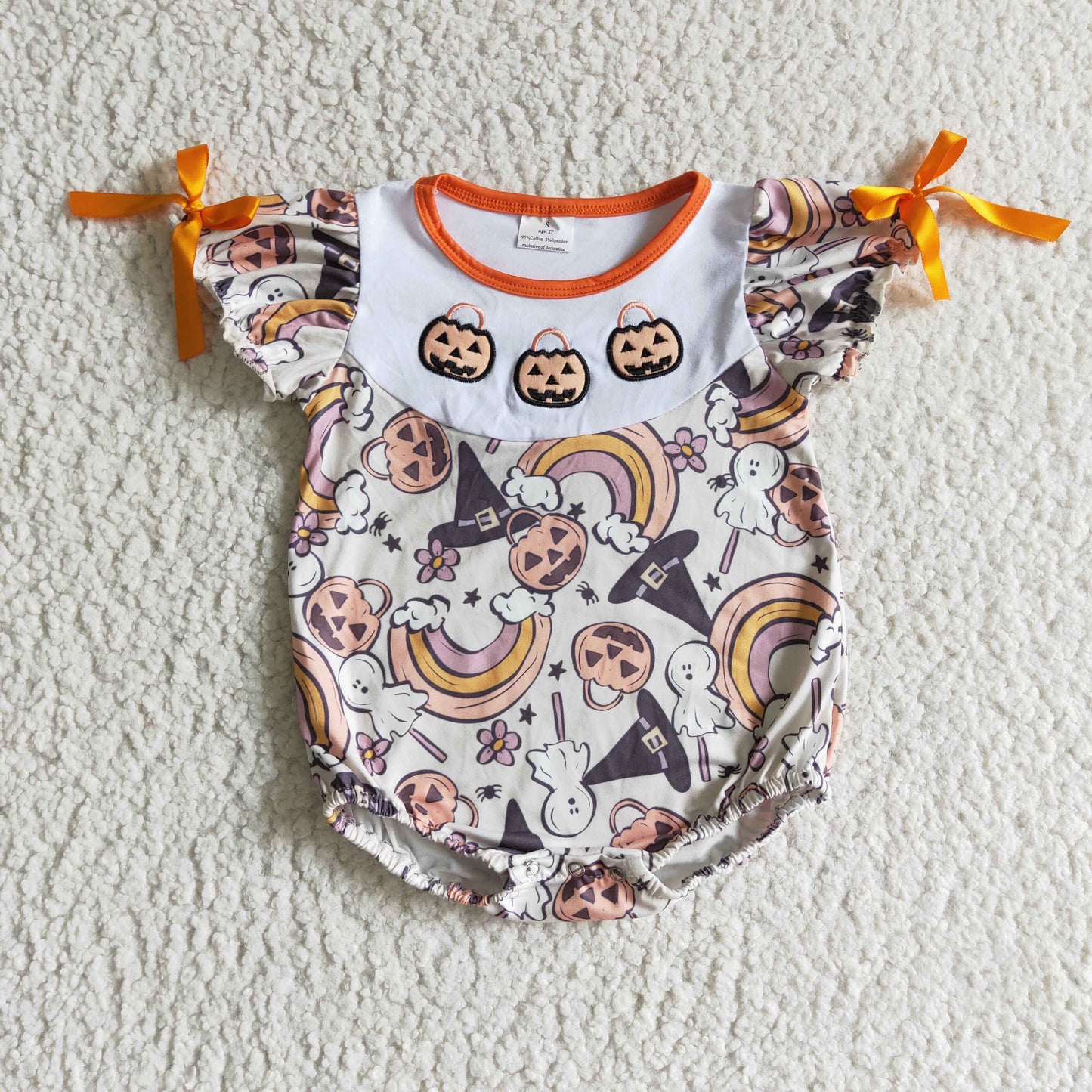 SR0086 infants puff sleeve pumpkin embroidery romper with bow