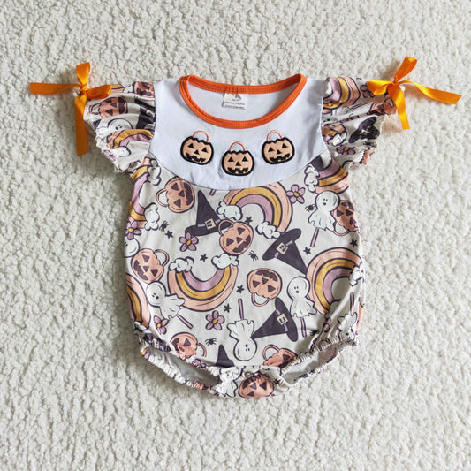 SR0086 infants puff sleeve pumpkin embroidery romper with bow