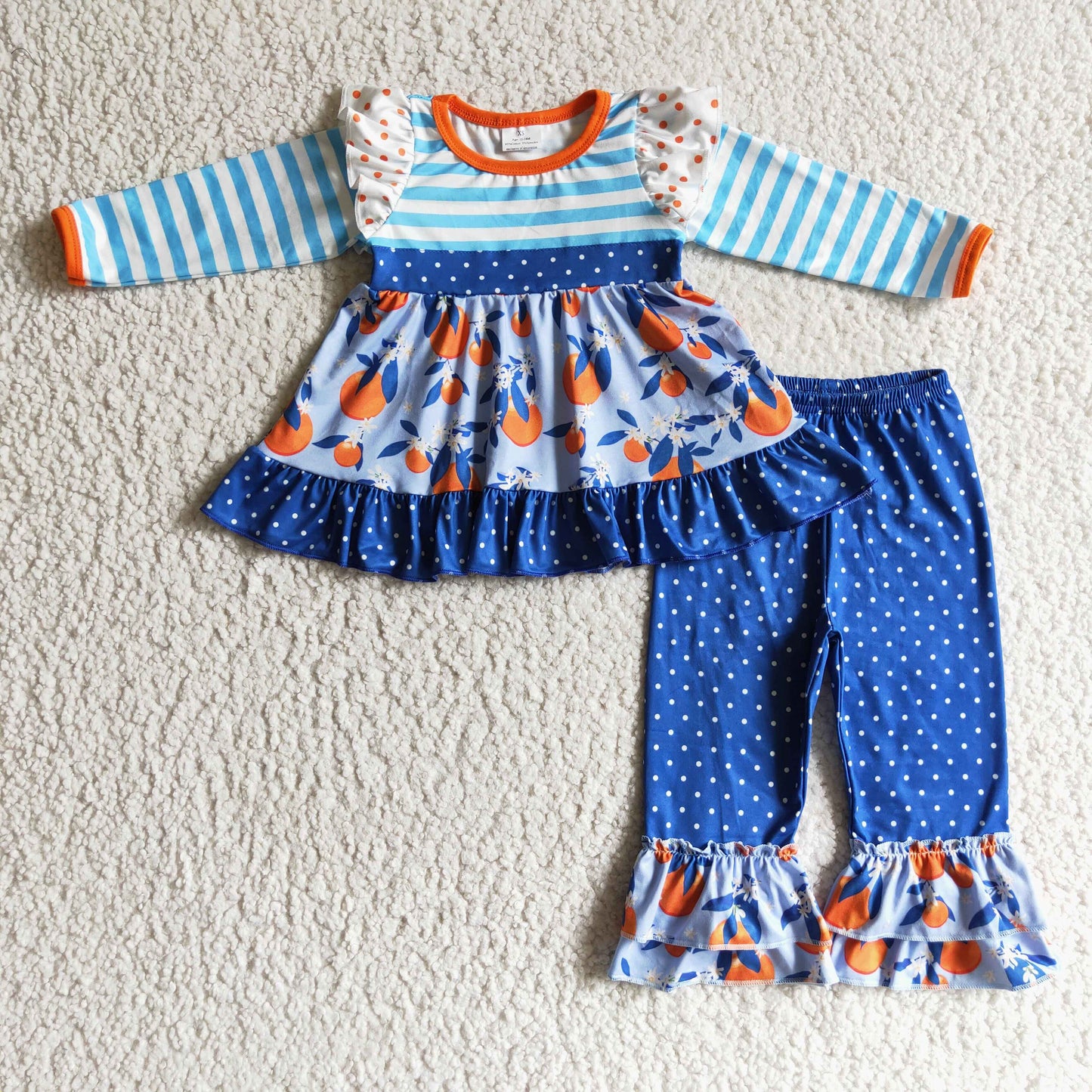 GLP0244 girl stripe long sleeve orange print top and dark blue ruffle pants with polka dot