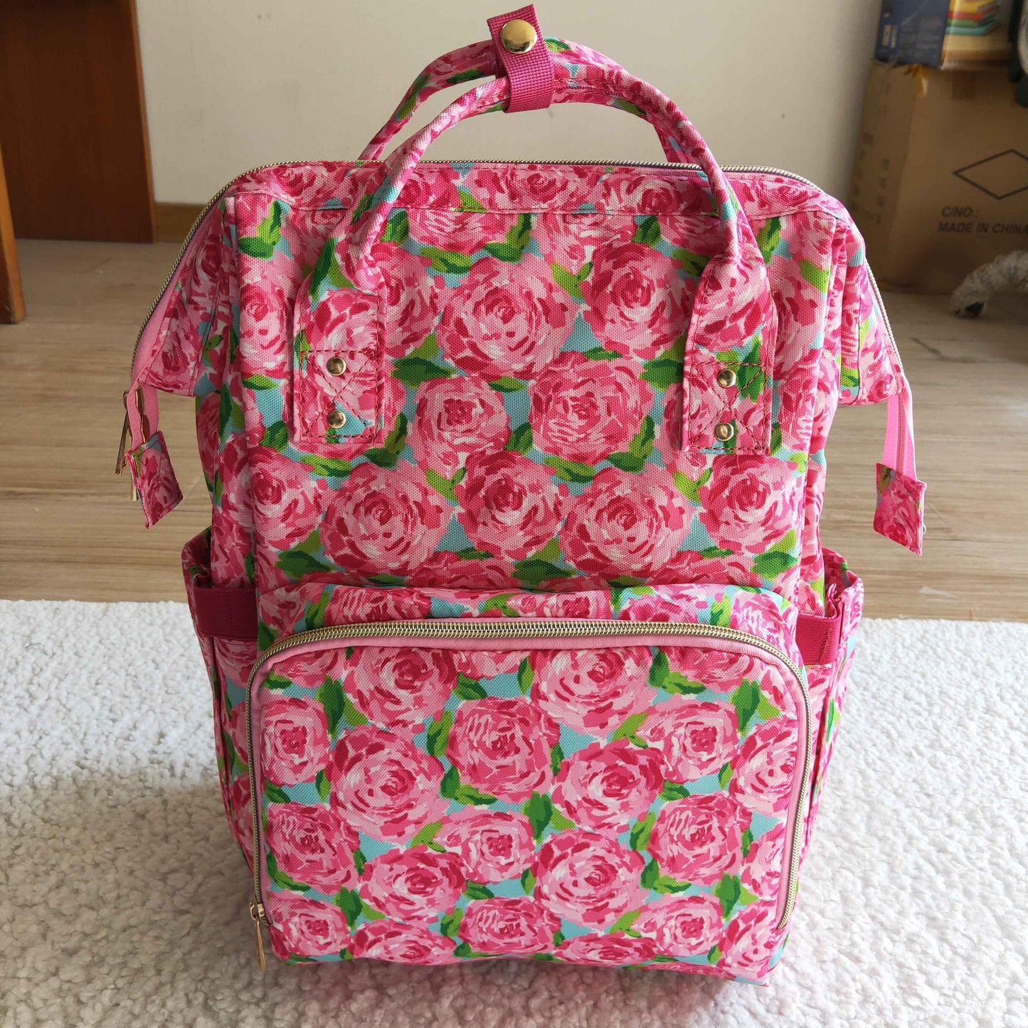 BA0026 new arrival pink rose zipper backpack