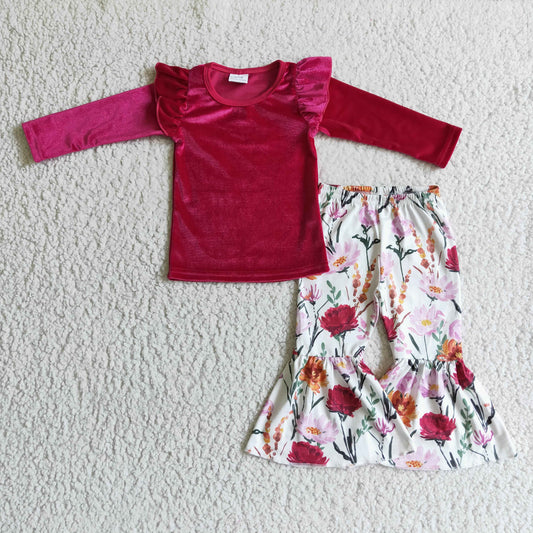 GLP0221 fashion girl red velvet long sleeve top match flowers print bell bottoms fall kids outfit