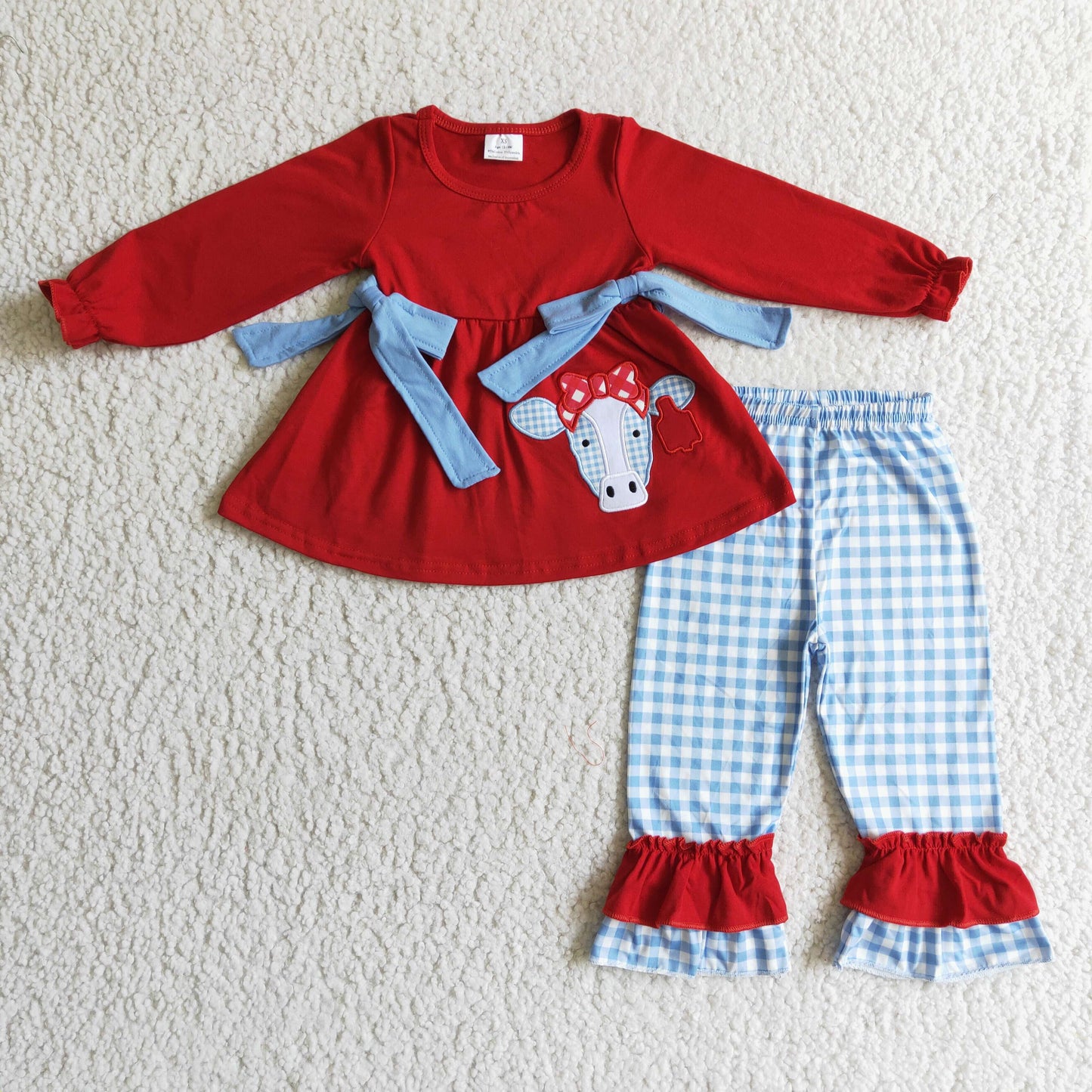 GLP0068 girl cotton red long sleeve top with cow embroidery match plaid ruffle pants children autumn outfit