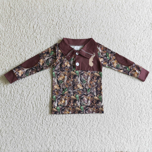 BT0078 boy brown long sleeve turn-down collar  outwear fall deer print top with button