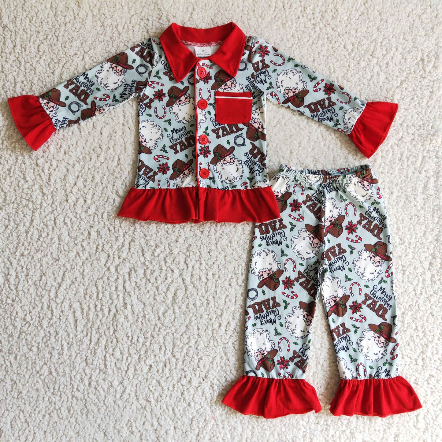 GLP0216 merry christmas girl turn-down collar pajamas set fall winter kids santa print outfit with pocket