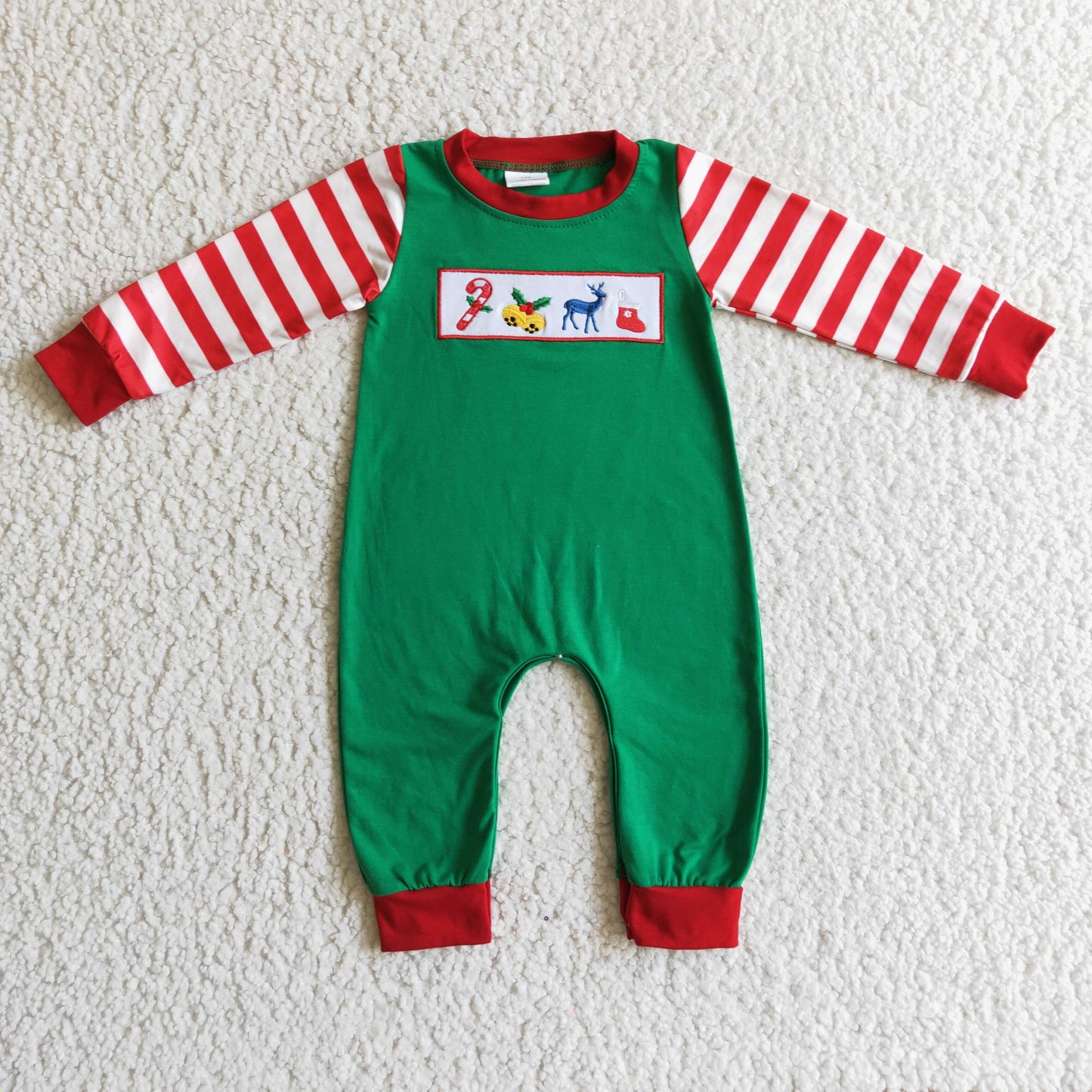 LR0110 baby boy cotton long sleeve deer embroidery green romper christmas jumpsuit