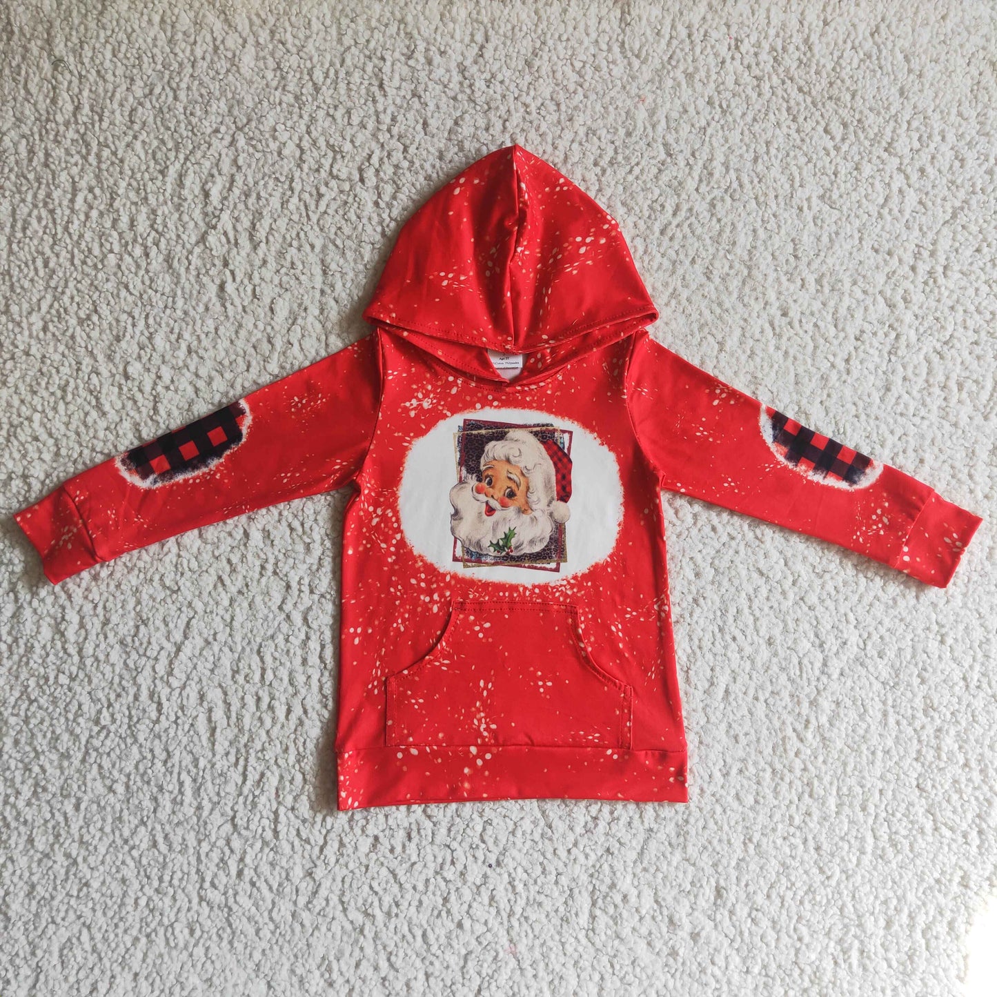 GT0052 kids red long sleeve plaid patch hoodie christmas santa outwear with pocket