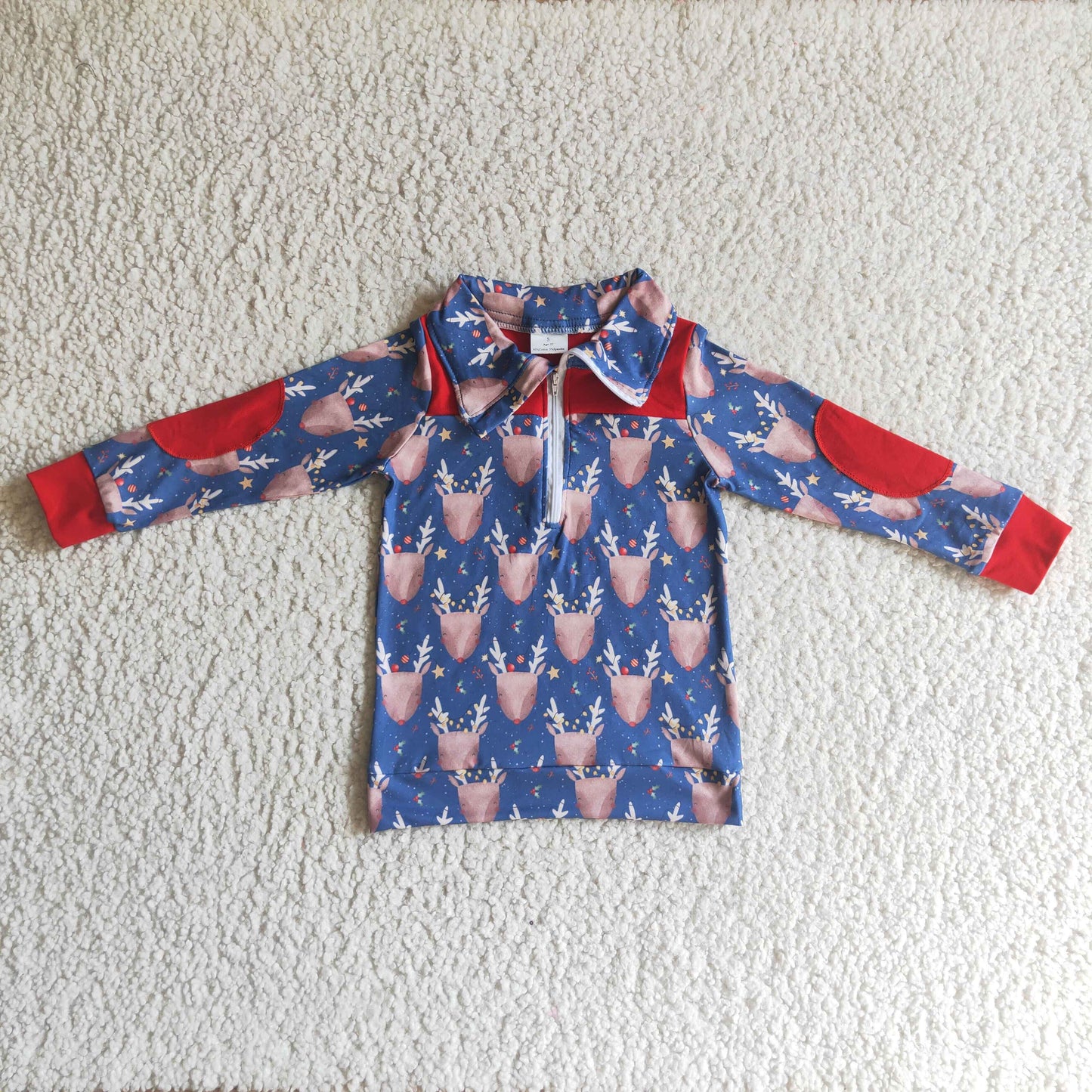 BT0071 christmas deer pprint blue long sleeve zipper turn-down collar top with red patch