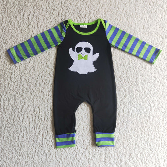 LR0132 boy stripe long sleeve black romper cute ghost embroidery cotton jumpsuit for halloween