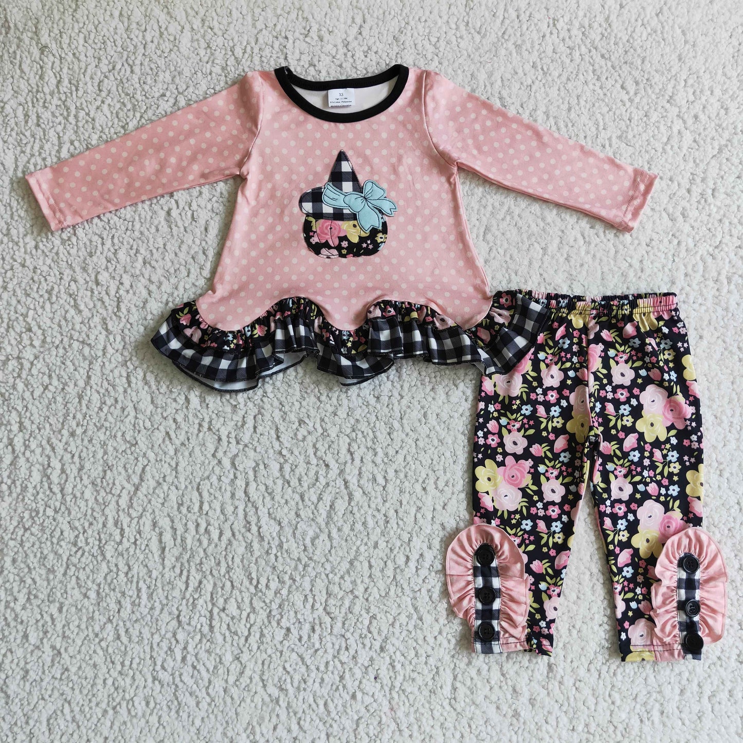 GLP0205 girl pink long sleeve white dot pumpkin top flowers pettern black pants with buttons