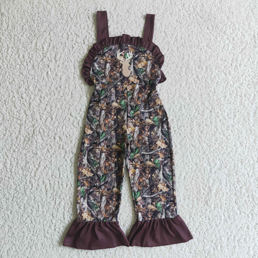 SR0098 baby girls brown suspender overalls with deer print