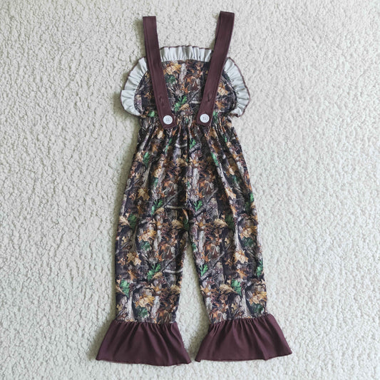 SR0098 baby girls brown suspender overalls with deer print