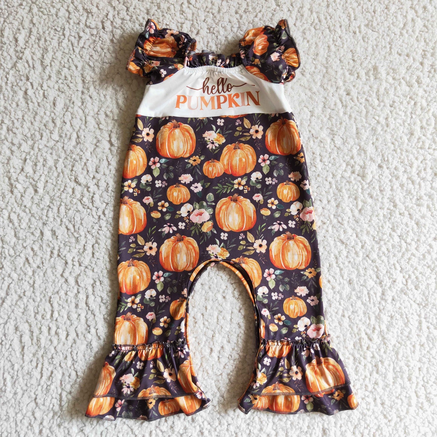 SR0093 hello pumpkin baby girl short puff sleeve romper with button