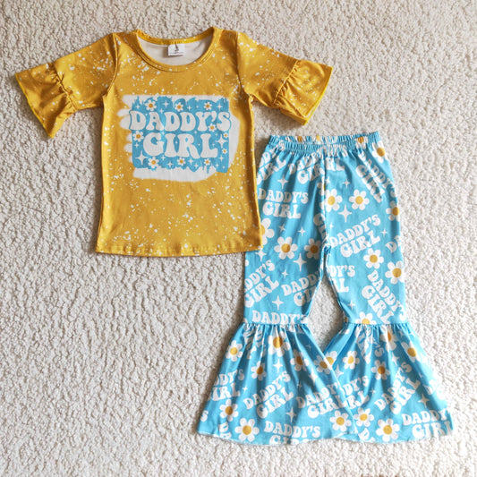 GSPO0197 daddy's girl yellow short sleeve top and blue bell bottom with flowers