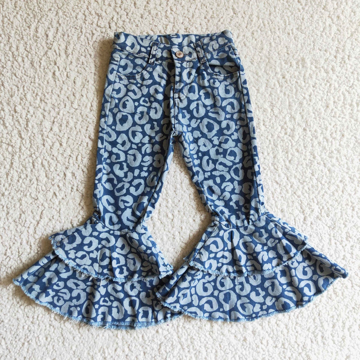 P0027  new arrival blue leopard print double ruffles jeans with zipper