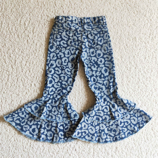 P0027  new arrival blue leopard print double ruffles jeans with zipper