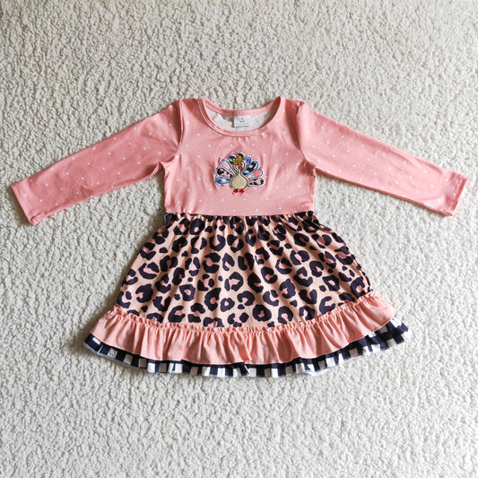 GLD0095 girl pink long sleeve leopard twirl dress kids turkey embroidery frock