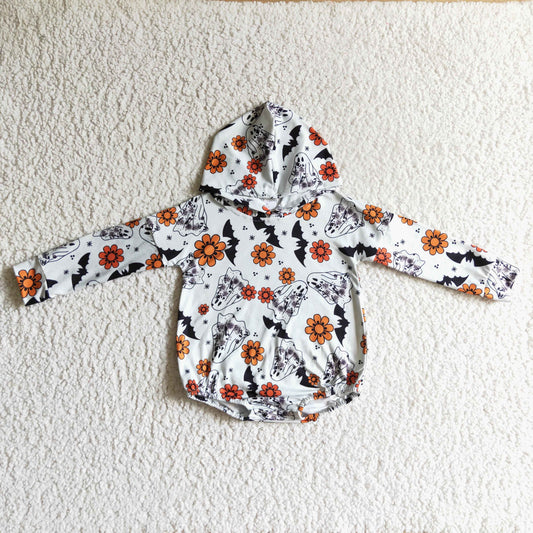 LR0160 baby girls long sleeve flower and ghost pattern hooded romper
