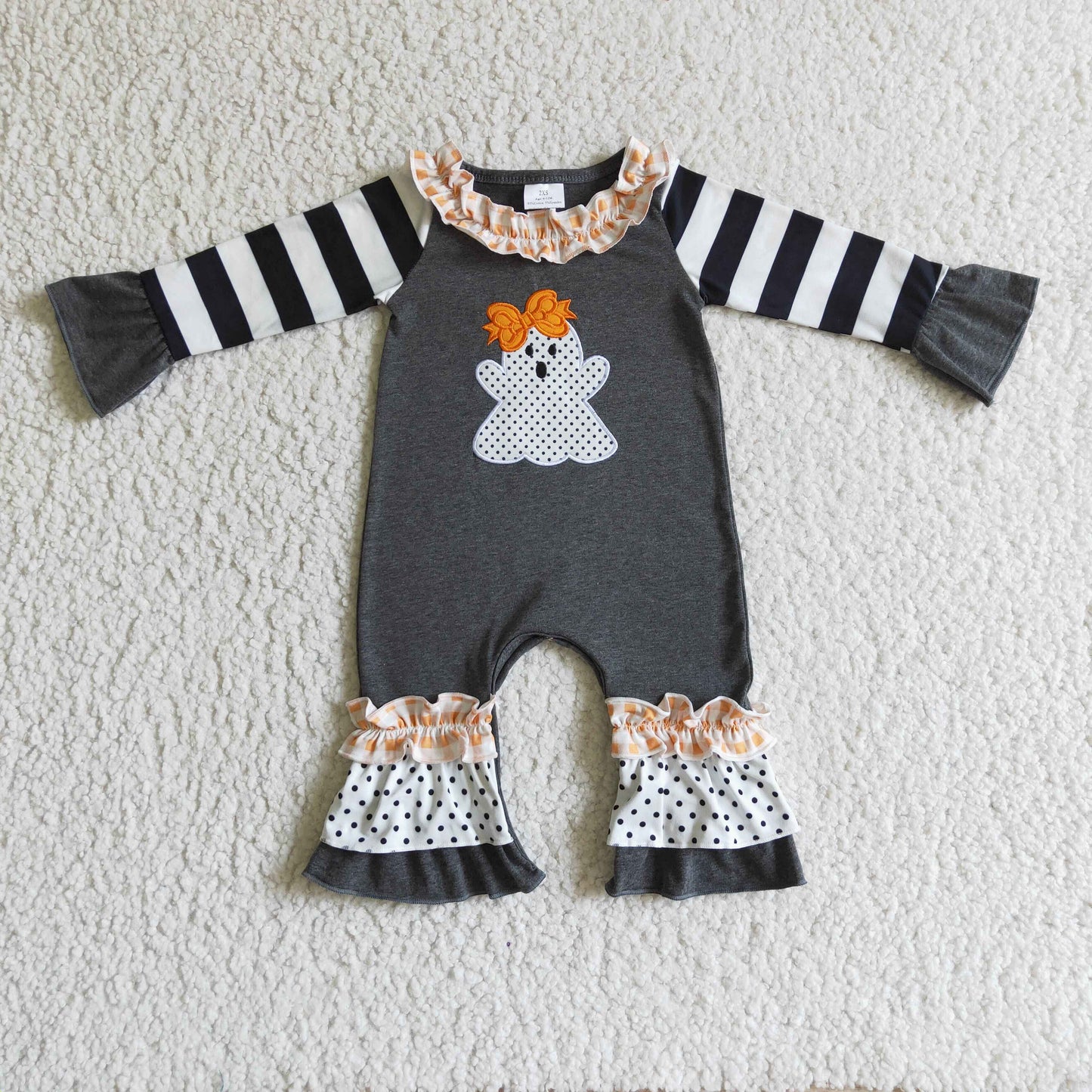 LR0129 baby girls stripe long sleeve black romper with ghost embroidery