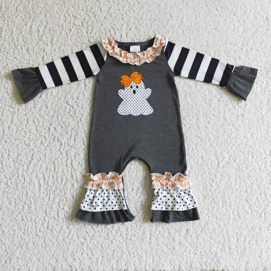LR0129 baby girls stripe long sleeve black romper with ghost embroidery