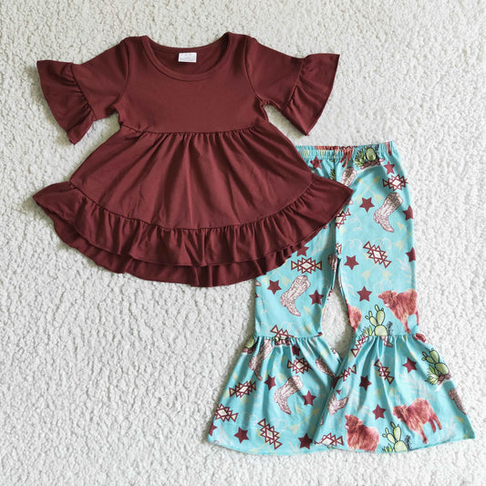 GSPO0192 spring girl wine red cotton short sleeve ruffle top match blue flare pants with highland cow and cactus print